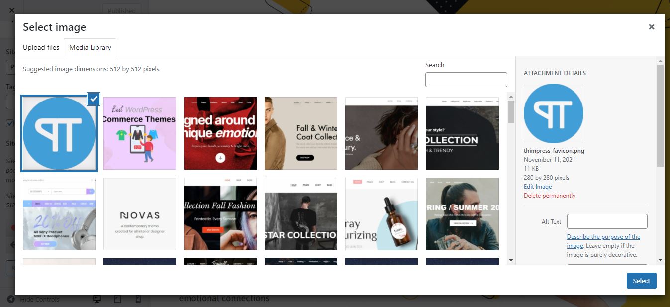 Best 3 Methods To Add A WordPress Favicon To Your Site 12 select favicon thimpress