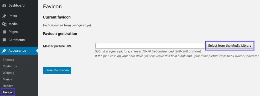 Best 3 Methods To Add A WordPress Favicon To Your Site 14 select from the media library