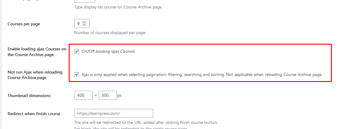 LearnPress Version 4.1.6.8 2 enable 2 ajax options