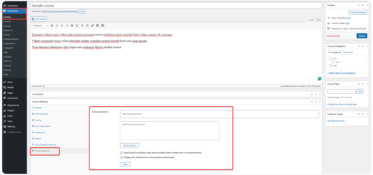 Announcement Add-on for LearnPress 2 announcement-1
