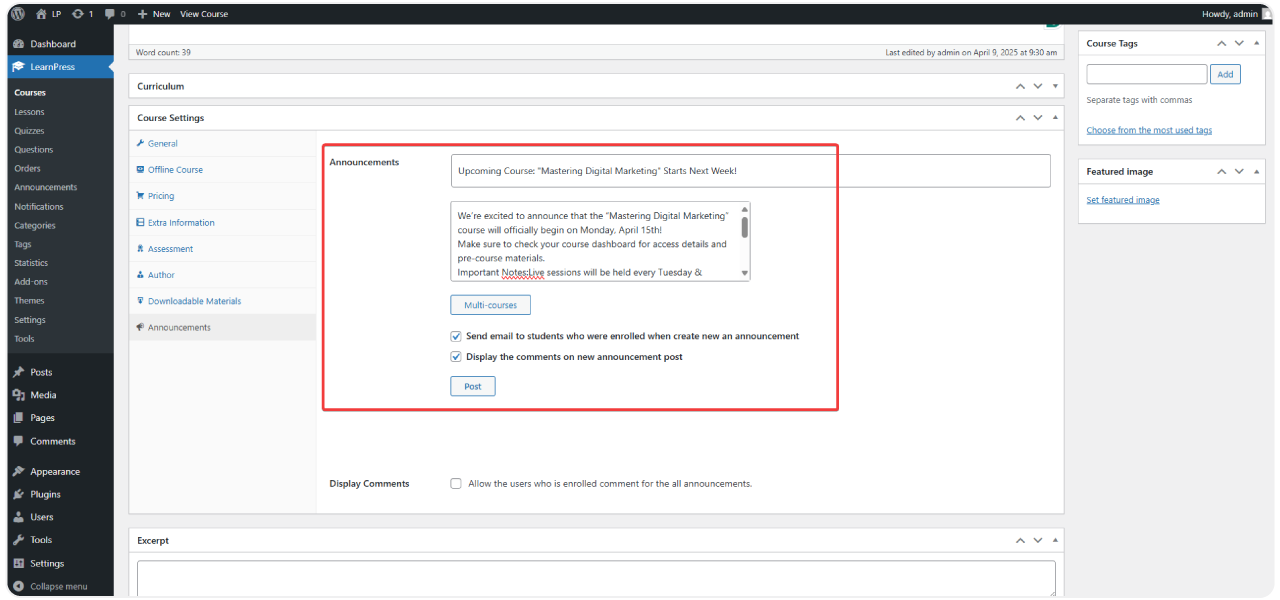 Announcement Add-on for LearnPress 3 announcement-2