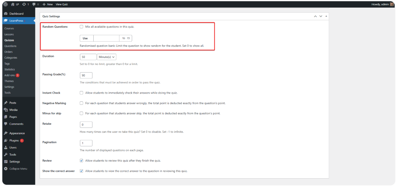Random Quiz Add-on for LearnPress 2 random-quiz-1