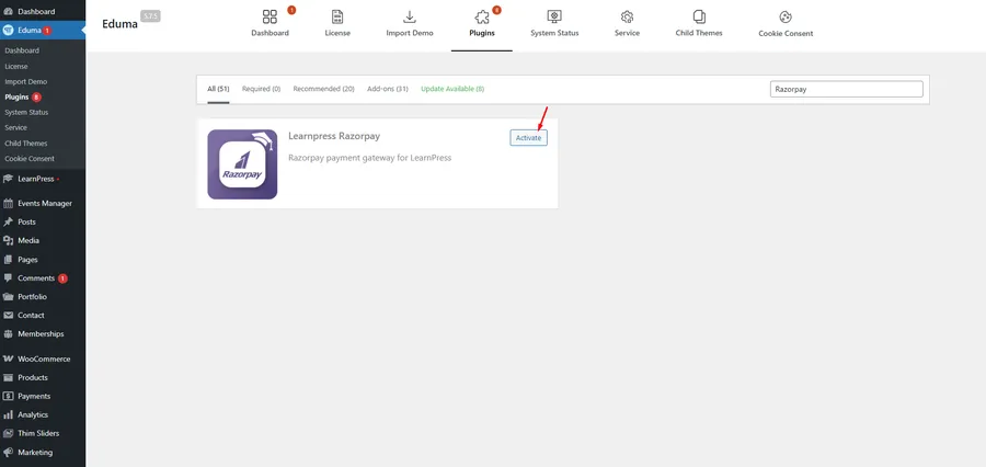 Activate LearnPress Razorpay