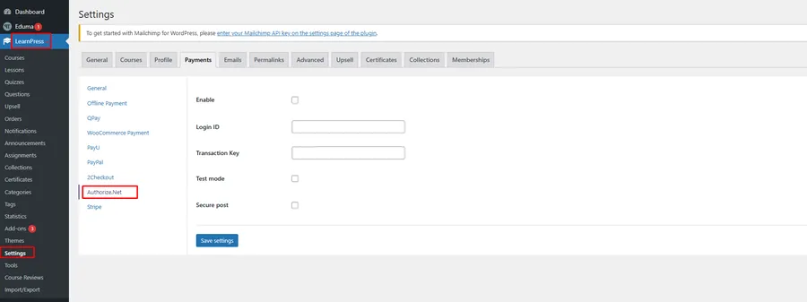 Authorize.net Settings