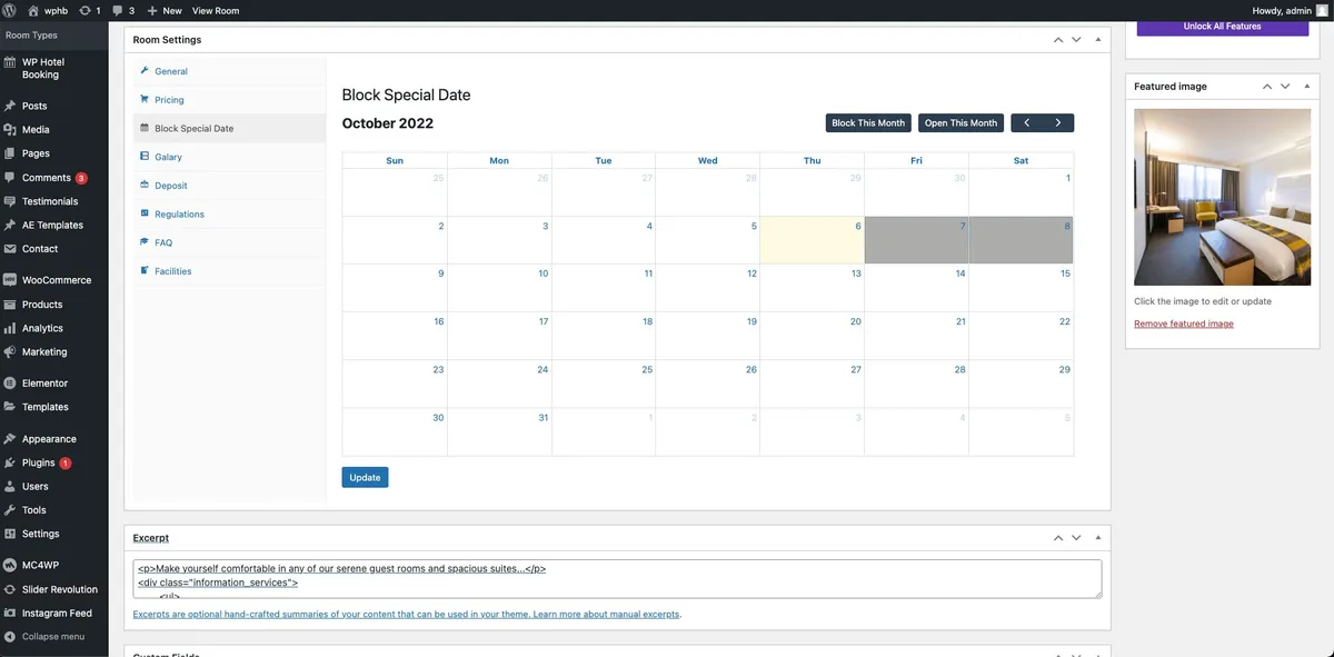 WP Hotel Booking Update v2.0.0 9 WP Hotel Booking Update:: Disable Dates for Each Room