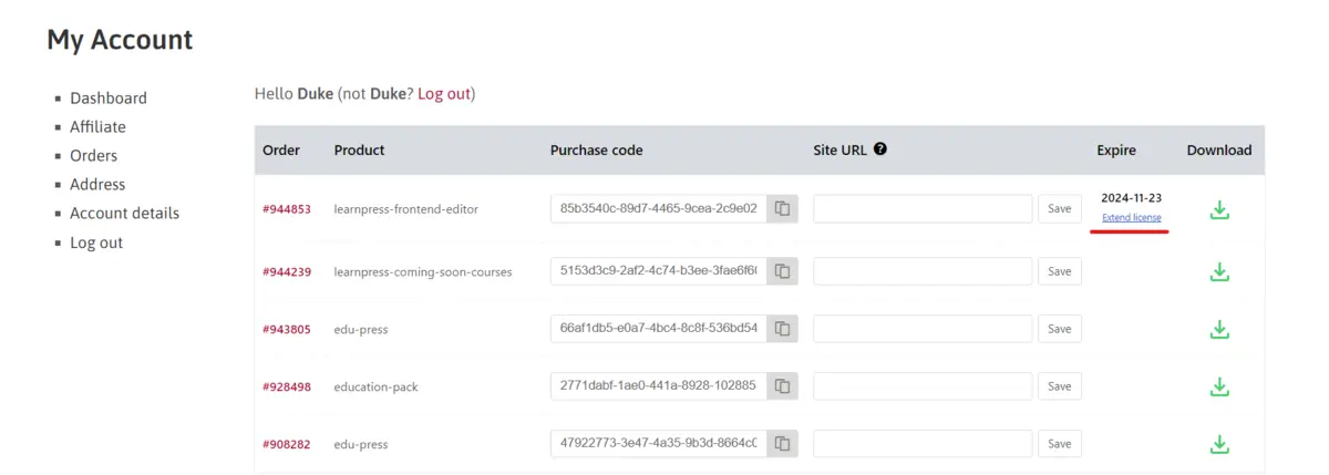 Extend License Button