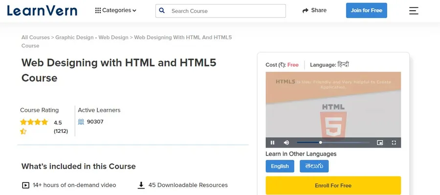 10+ Best Free and Paid Web Development Courses in Hindi 12 Web Designing with HTML and HTML5 Course