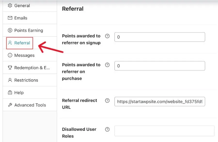 loyalty program referral settings