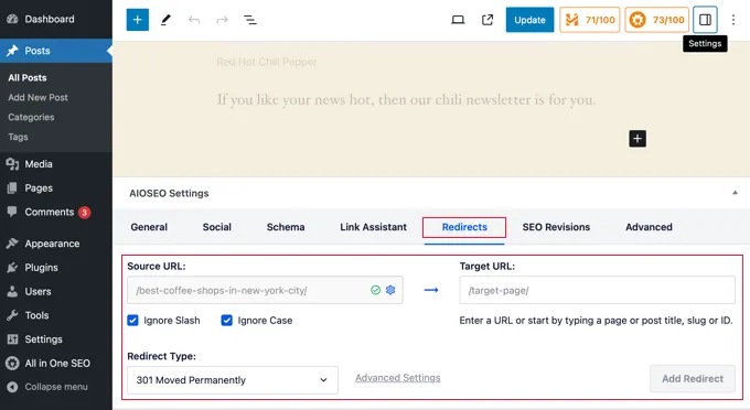 Redirect Pages AIOSEO Content Editor