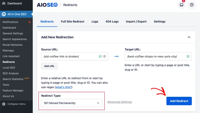 Redirect Pages AIOSEO Redirect Type