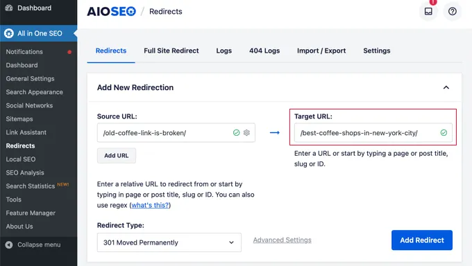 Redirect Pages AIOSEO Target URL