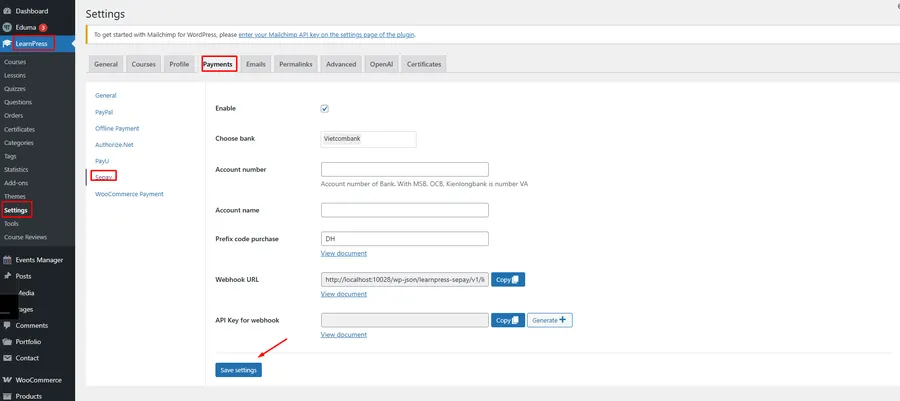 How To Use SePay in Eduma? 9 SePay Settings