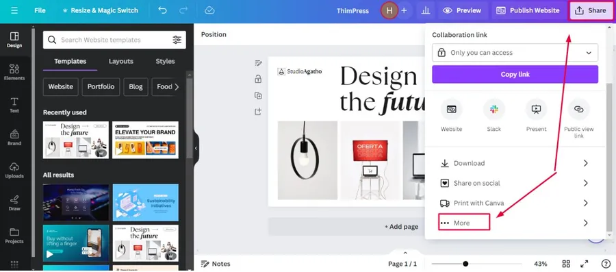 Share and More Button in Canva
