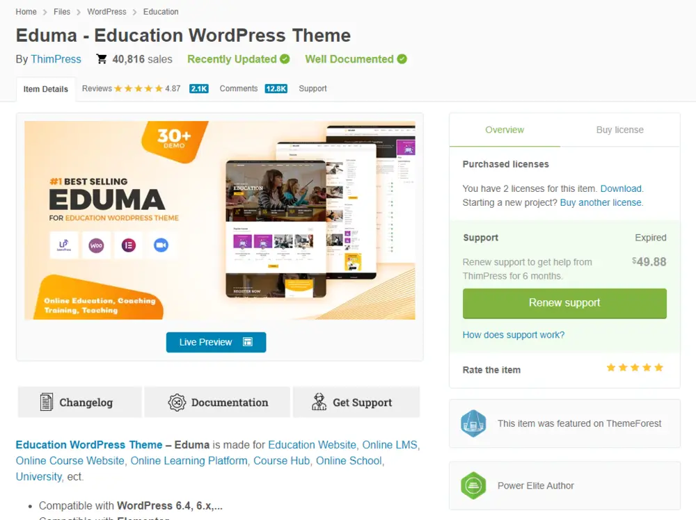 ThemeForest Support Extend Button