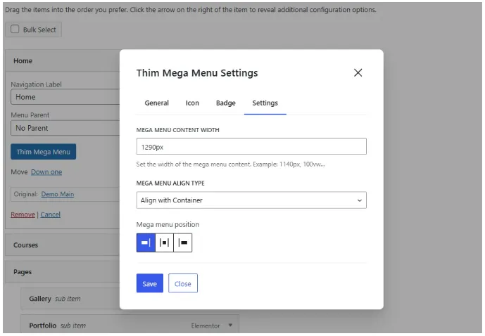 Thim Mega Menu Settings
