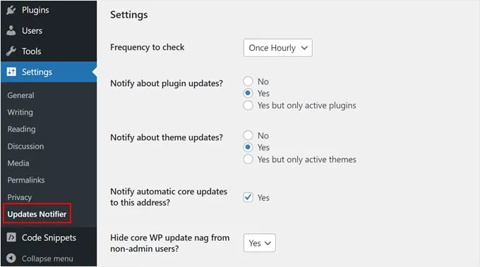 Updates Notifier Settings